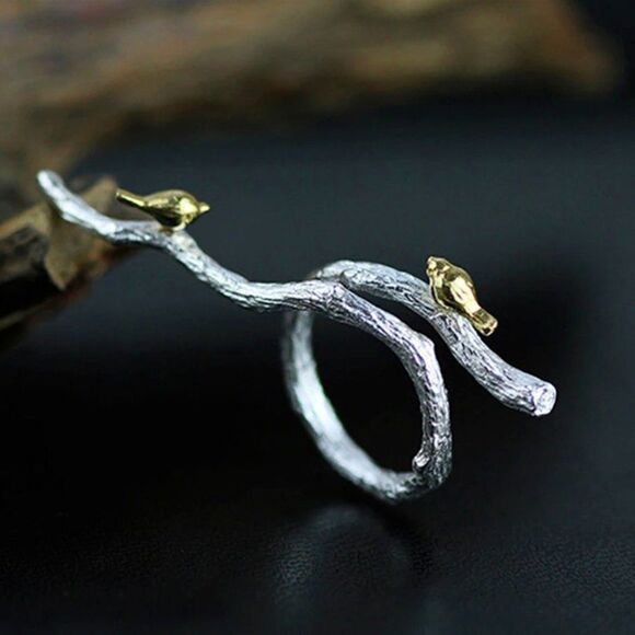 925 Sterling Silver Golden Birds on Branch Adjustable Ring - Picture 4 of 9